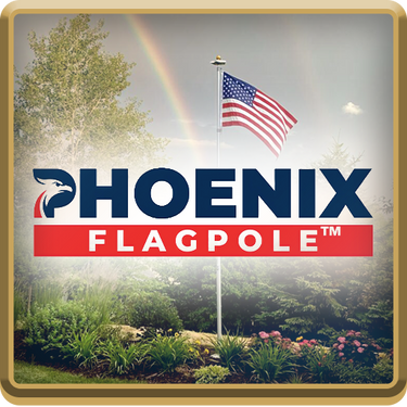 Silver aluminum flagpole with an American flag surrounded by greenery and flowers.